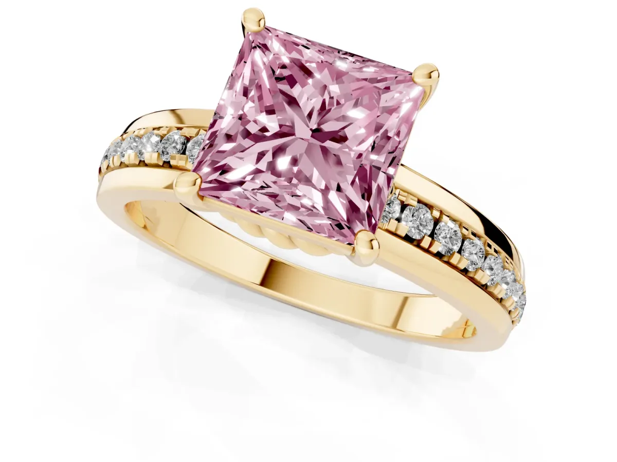 Fancy Pink Princess Cut Solitaire Diamond Ring with Channel Set Band and Six-Prong Setting Yellow gold