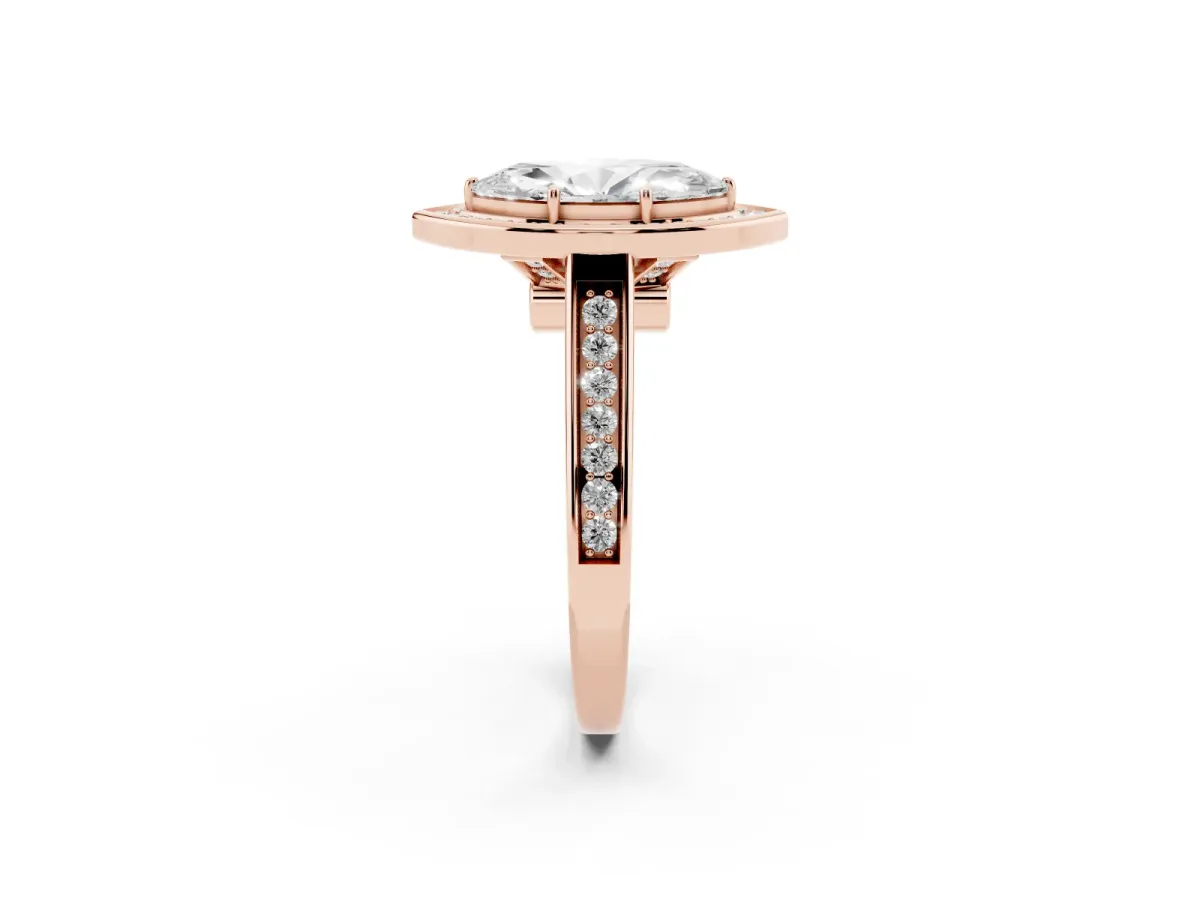 Marquise Cut Halo Solitaire Diamond Ring with Pave Band and Bezel Setting Rose gold