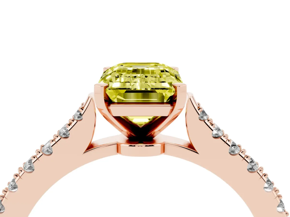 Fancy Yellow Emerald Cut Cut Solitaire Diamond Engagement Ring with Pave Band and Four-Prong Setting Rose gold