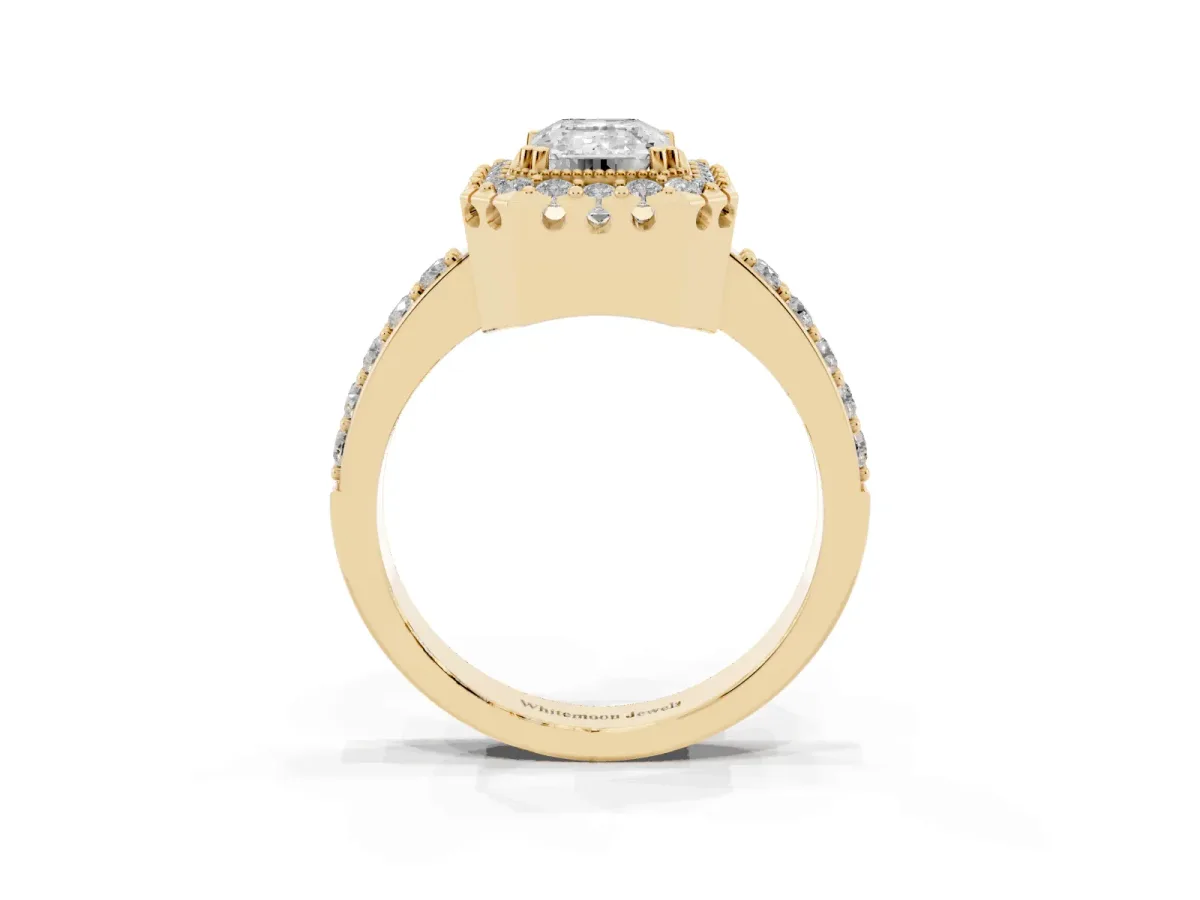 Emerald Cut Diamond Halo Ring with Pavé Band and Prong Setting Yellow gold