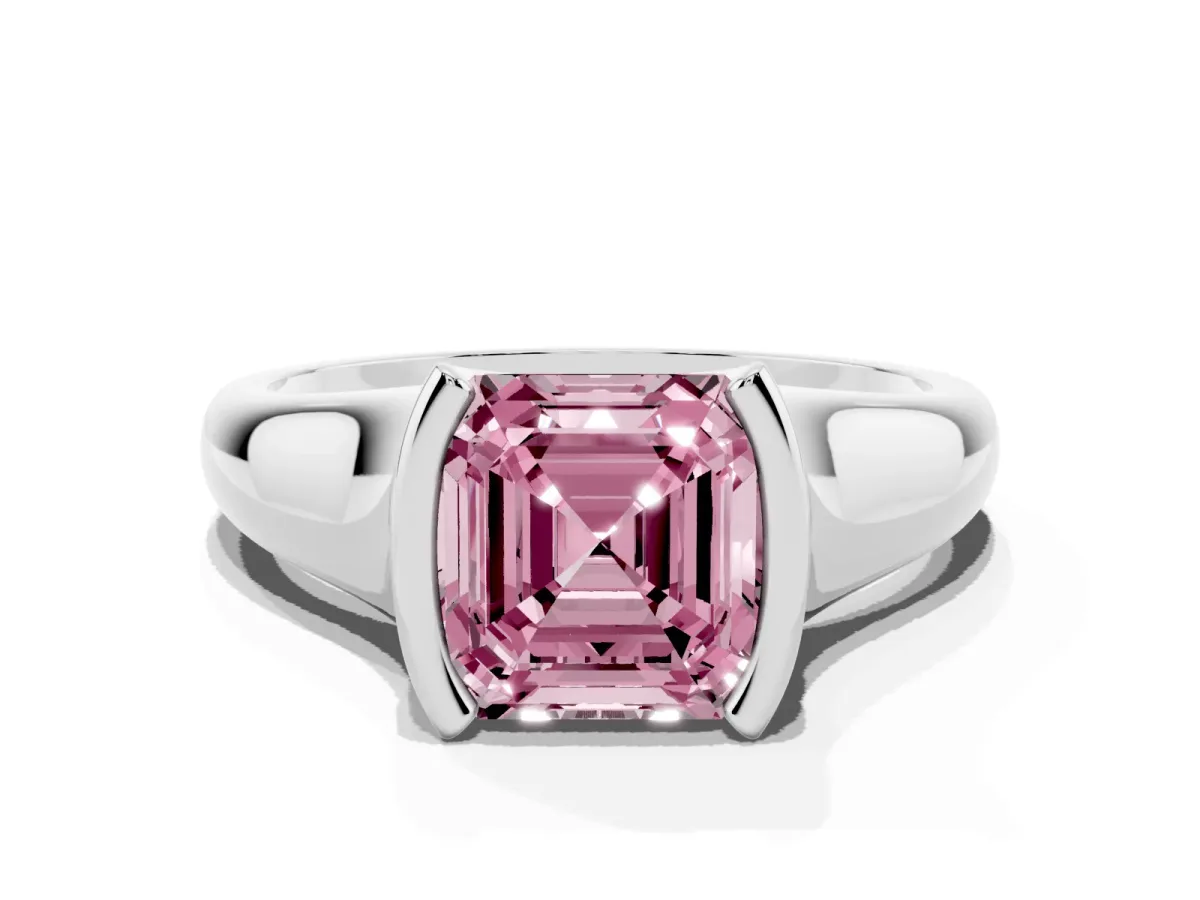 Fancy Pink Asscher Cut Solitaire Tension Set Diamond Ring with Split Shank Band Platinum