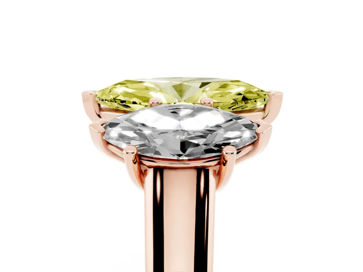 Fancy Yellow Marquise Cut Three-Stone Diamond Ring with Prong Setting on a Classic Band Rose gold