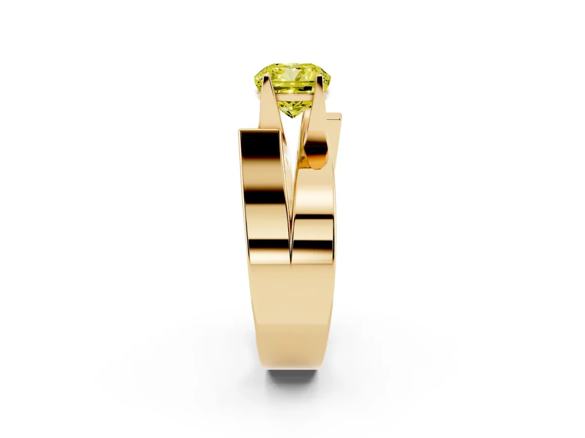 Fancy Yellow Modern Tension Set Cushion Cut Diamond Solitaire Wide Band Ring Yellow gold