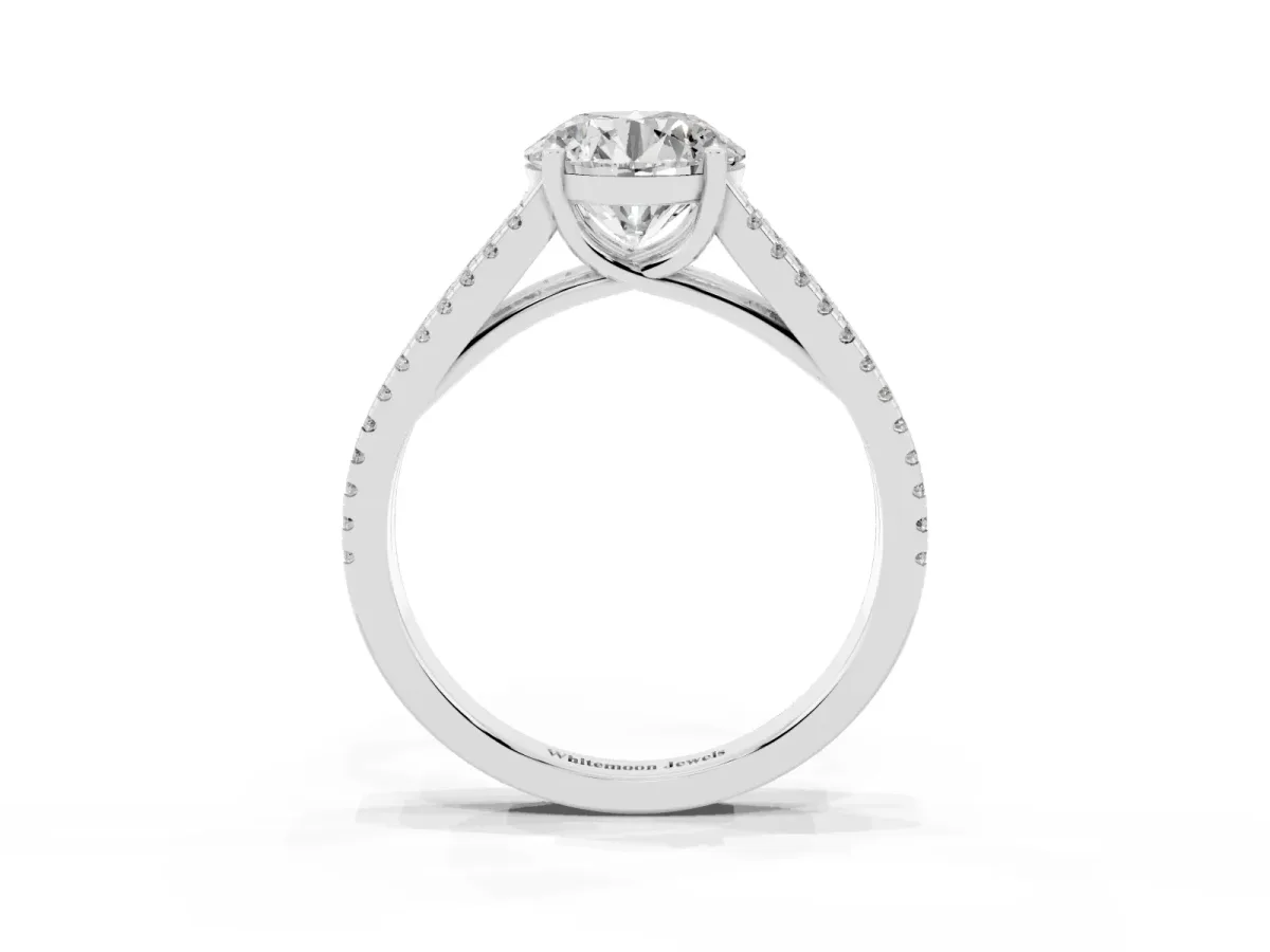 Round Cut Diamond Solitaire Engagement Ring with Split Shank Pavé Band Silver