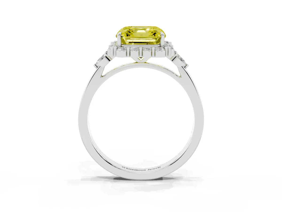 Fancy Yellow Asscher Cut Diamond Halo Ring with Pear Side Stones and Prong Setting Silver