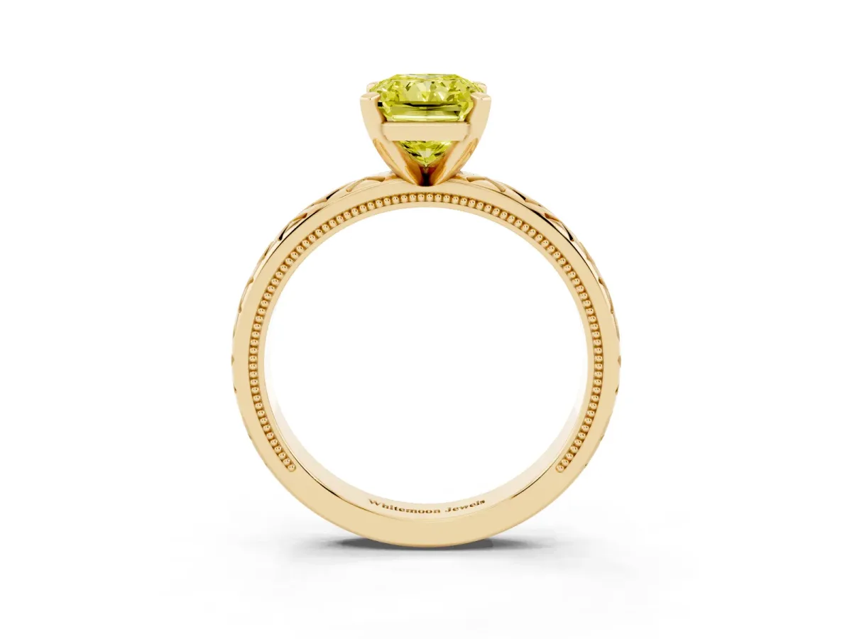 Fancy Yellow Radiant Cut Solitaire Diamond Ring with Milgrain and Black Enamel X Pattern Band Yellow gold