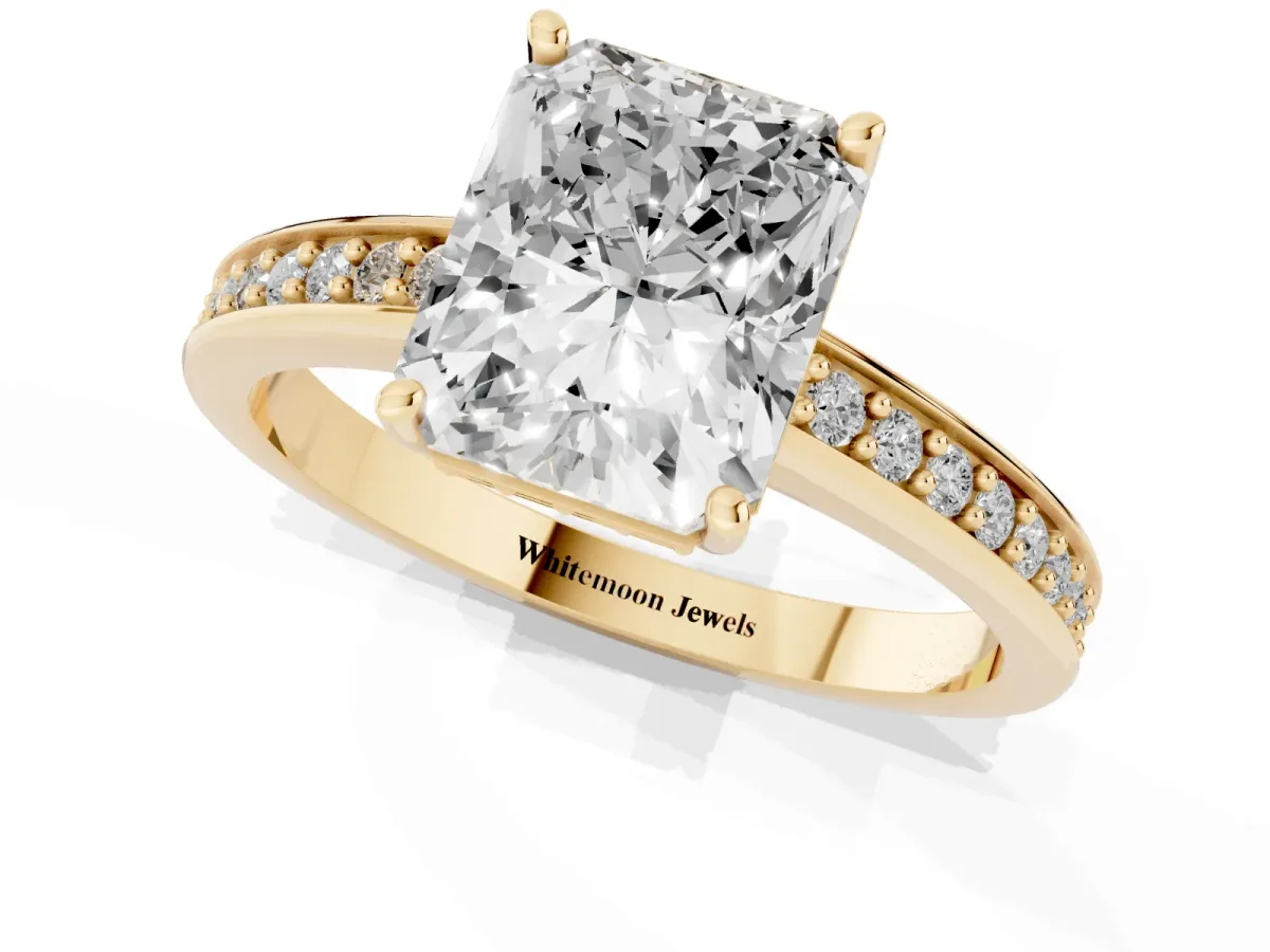 Radiant Cut Solitaire Pavé Band Prong Setting Ring Yellow gold