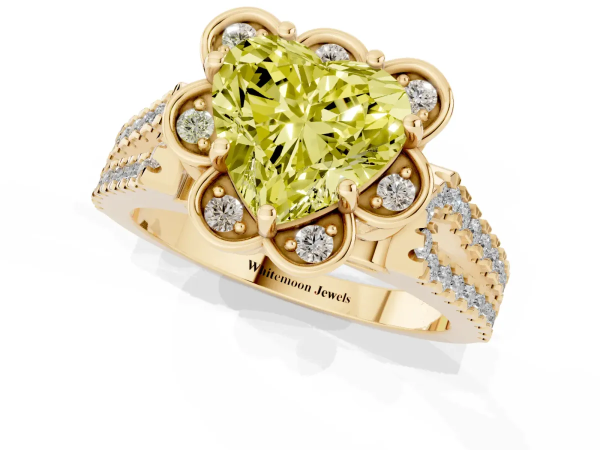 Fancy Yellow Heart Cut Halo Diamond Floral Split Shank Engagement Ring Yellow gold