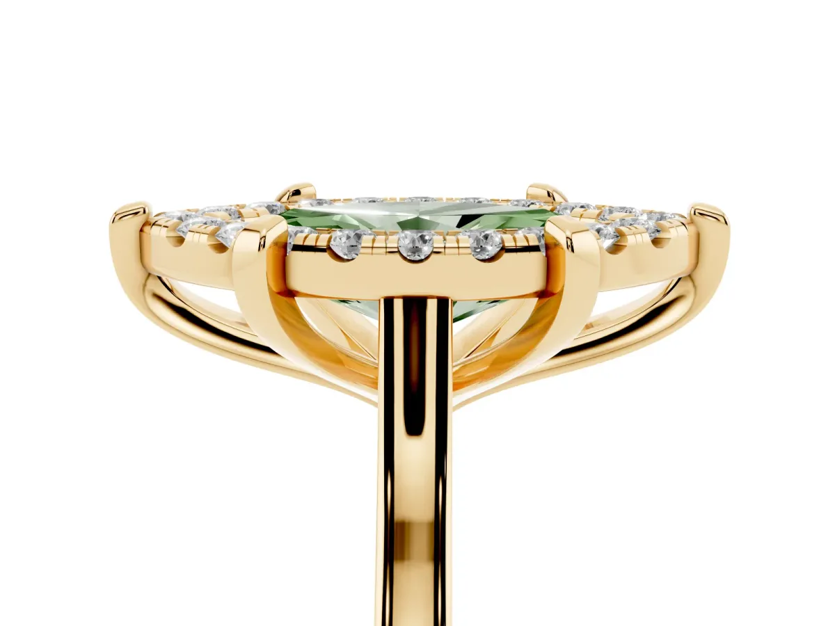 Fancy Green Marquise Cut Diamond Cluster Halo Solitaire with Four-Prong Setting Yellow gold