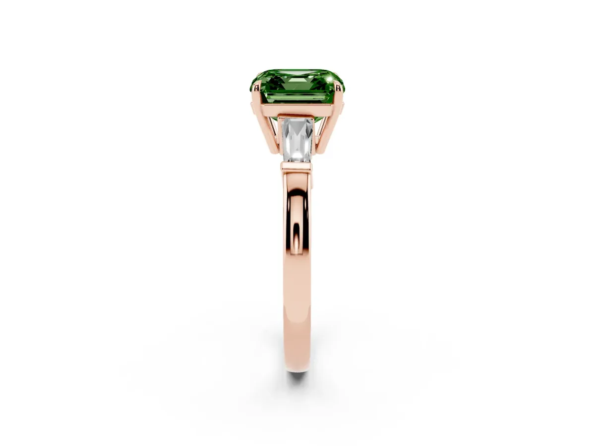 Fancy Green Asscher Cut Diamond Three-Stone Ring with Tapered Baguette Side Stones and Prong Setting Rose gold