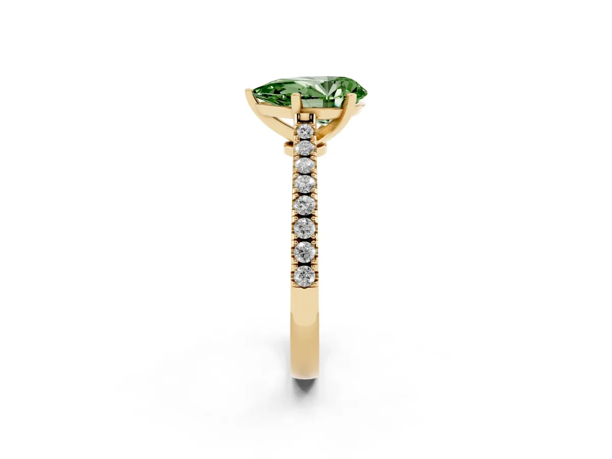 Fancy Green Pear Cut Cut Solitaire Diamond Engagement Ring with Pave Band and Four-Prong Setting Yellow gold