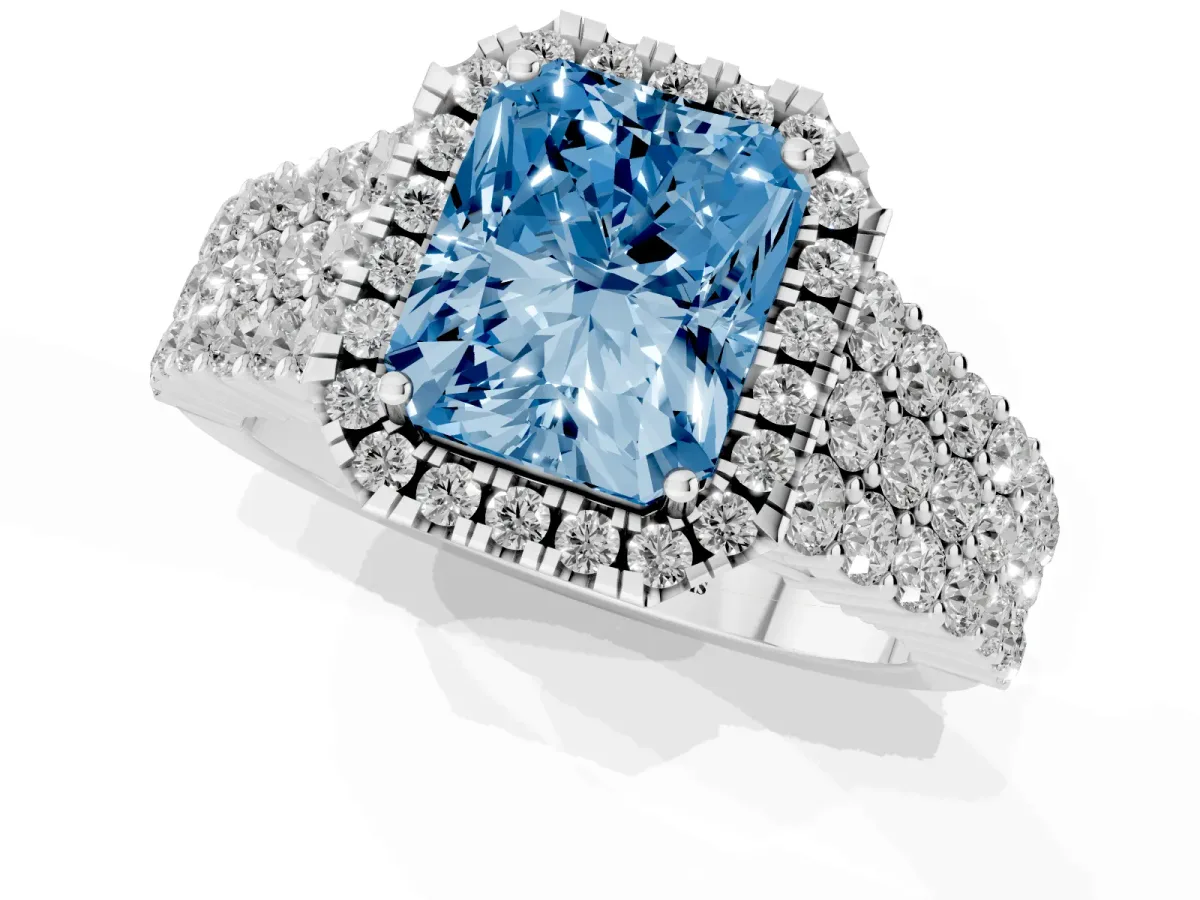 Fancy Blue Radiant Cut Diamond Halo Engagement Ring with Triple Row Round Pavé Band and Prong Setting White gold