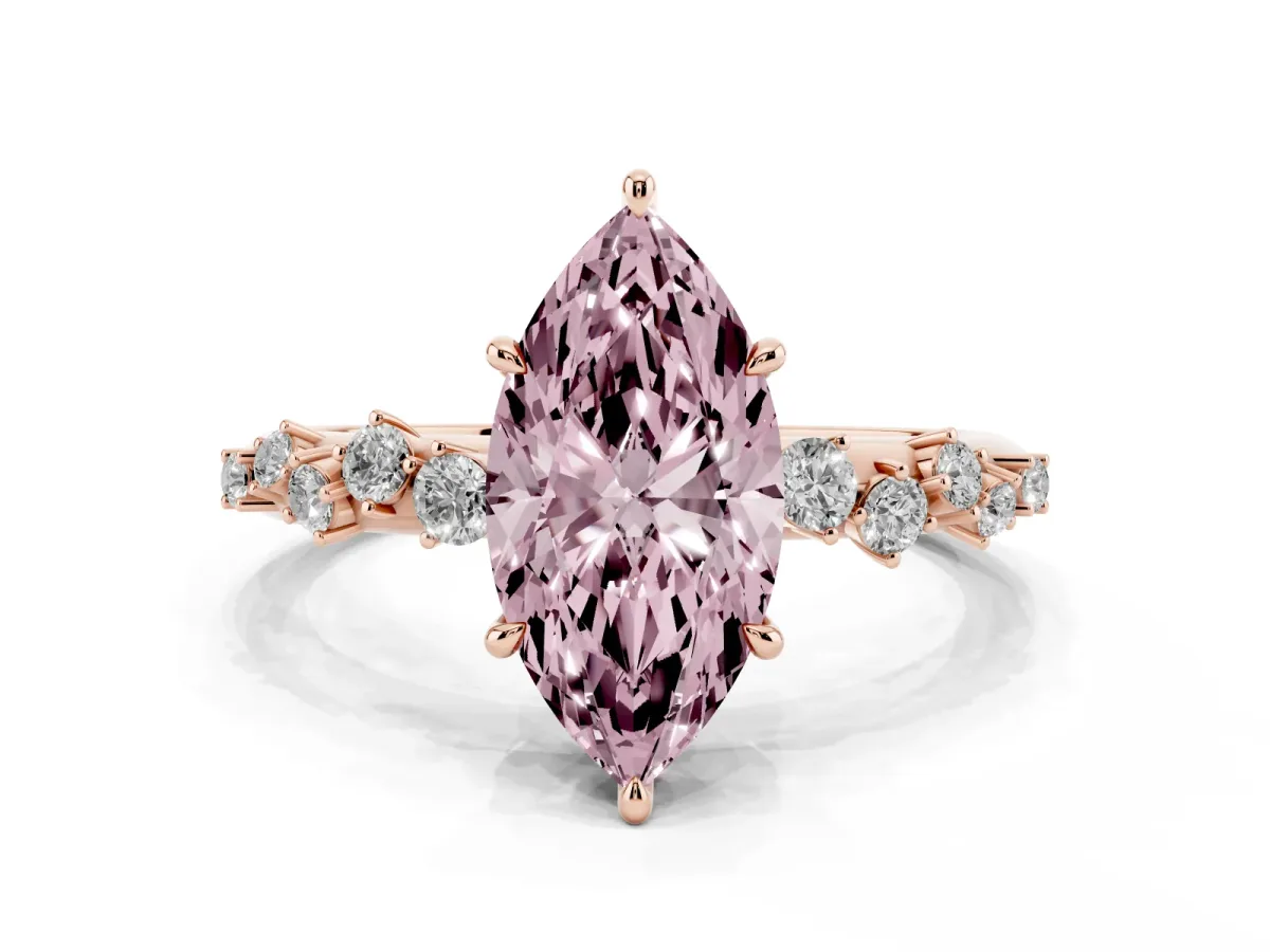Fancy Pink Marquise Cut Diamond Cluster Side Stone Solitaire Ring with Prong Setting Rose gold