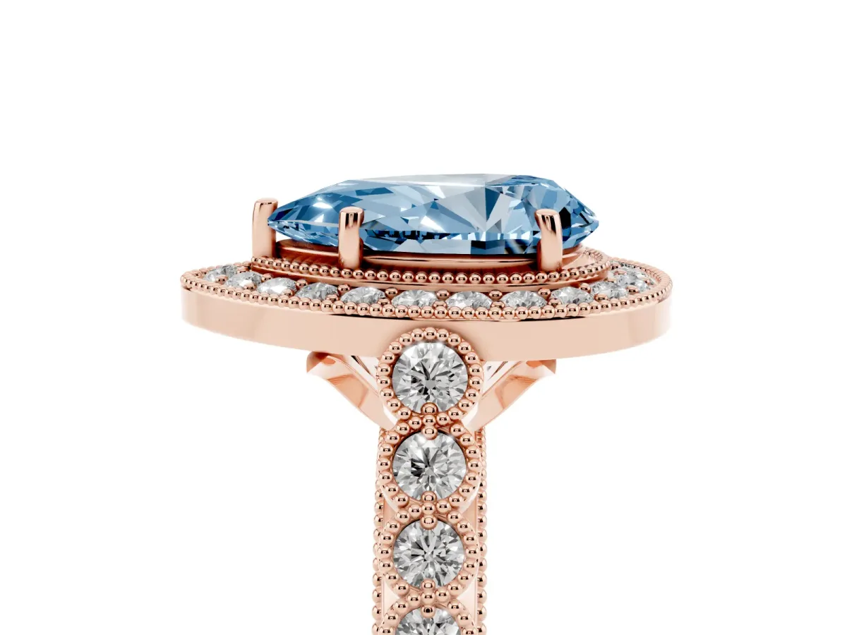 Fancy Blue Pear Cut Halo Milgrain Solitaire with Bezel Set Side Stones and Pave Band Rose gold
