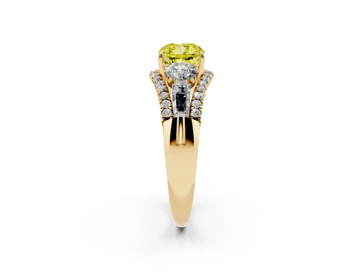 Fancy Yellow Three-Stone Cushion Cut Diamond Engagement Ring with Pave Band and Prong Setting Yellow gold