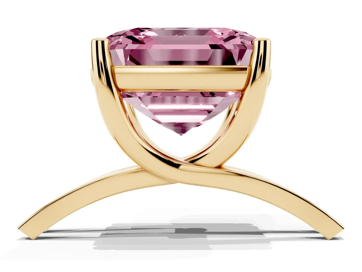 Fancy Pink Asscher Cut Cut Diamond Solitaire Engagement Ring with Tapered Plain Band and Four-Prong Setting Yellow gold