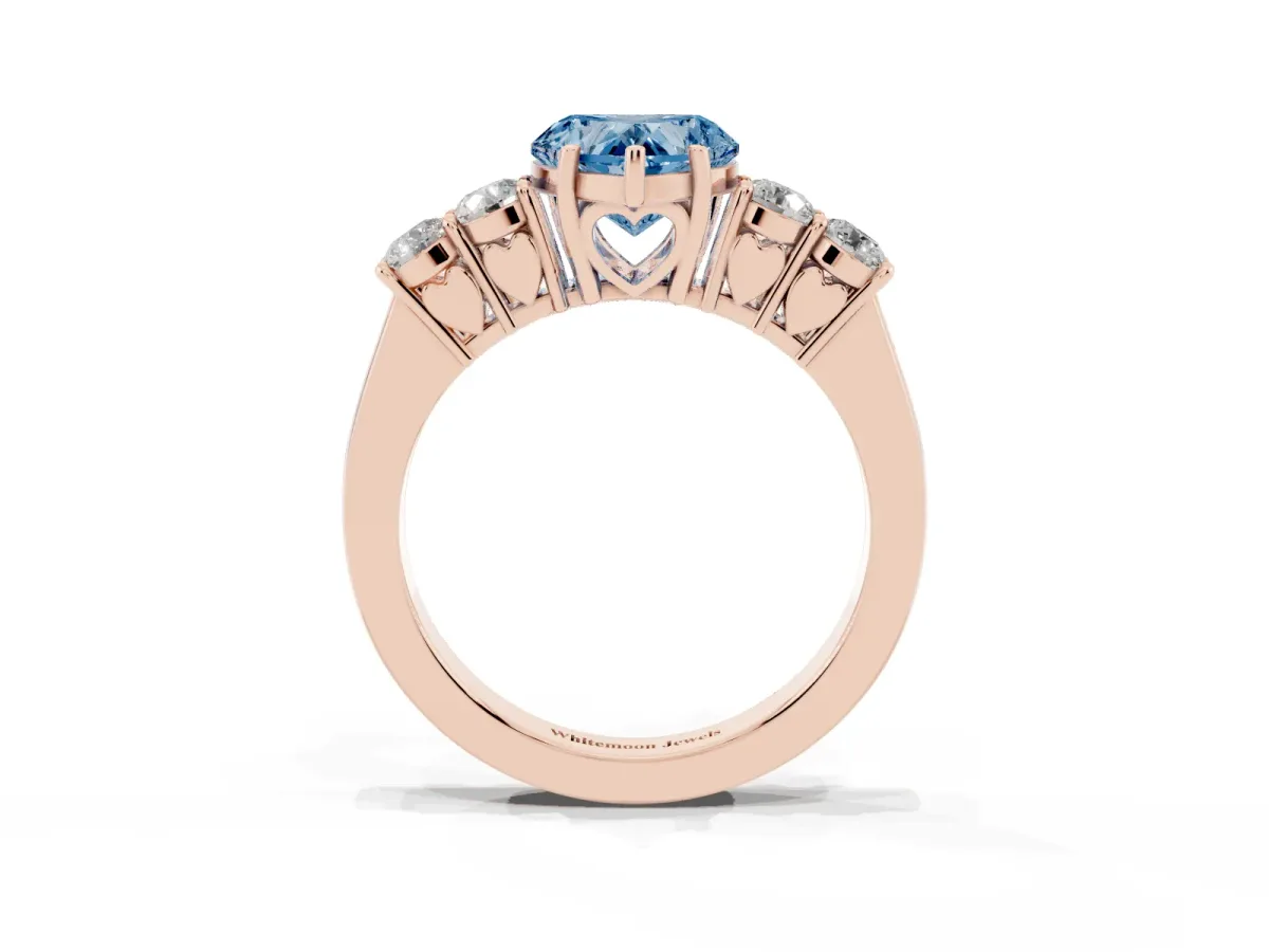 Fancy Blue Heart Cut Cut Diamond Five-Stone Prong Set White Gold Ring Rose gold