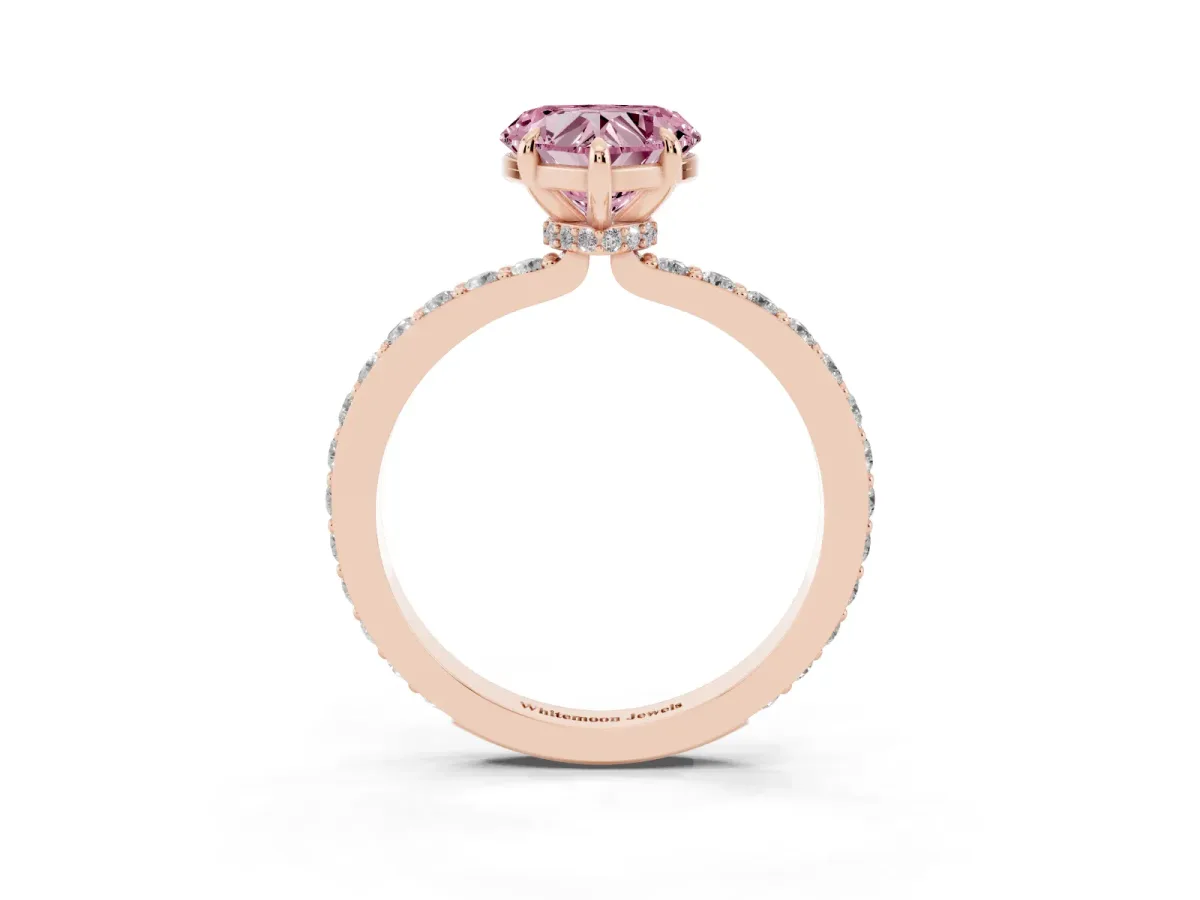 Fancy Pink Heart Cut Diamond Pavé Engagement Ring with Round Accents and Prong Setting Rose gold
