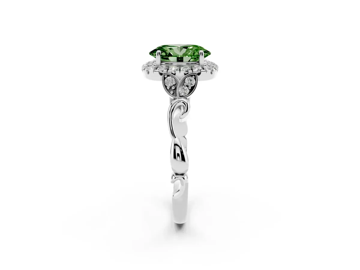 Fancy Green Oval Cut Halo Diamond Engagement Ring with Vintage-Inspired Band and Four-Prong Setting Platinum