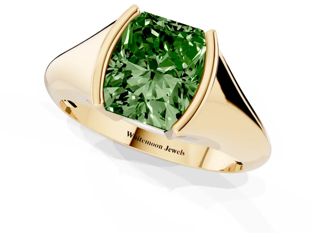 Fancy Green Radiant Cut Solitaire Tension Set Diamond Ring Yellow gold
