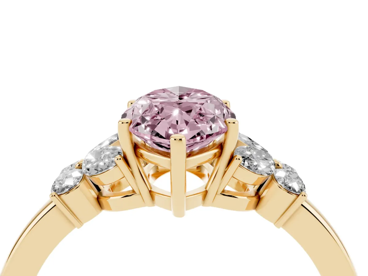 Fancy Pink Marquise Cut Cut Solitaire Floral Diamond Ring with Four-Prong Setting Yellow gold