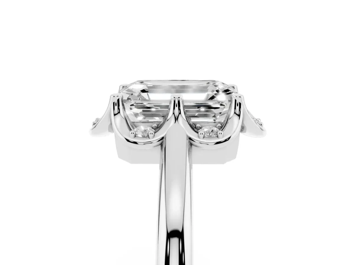 Emerald Cut Halo Diamond Ring with Round Cluster Setting, Solitaire Band, and Four-Prong Setting Silver