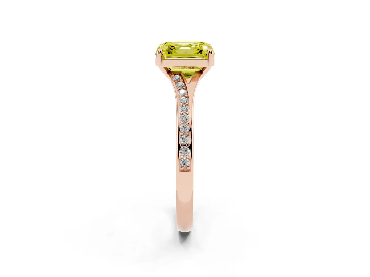 Fancy Yellow Asscher Cut Diamond Solitaire Ring with Pavé Band and Prong Setting Rose gold
