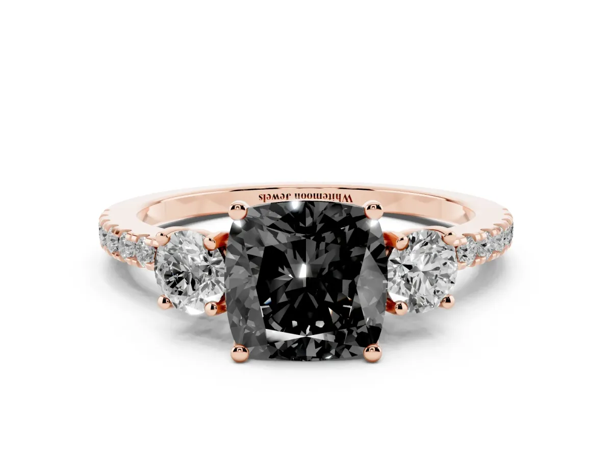 Fancy Black Three-Stone Cushion Cut Cut Diamond Pavé Band with Prong Setting Rose gold