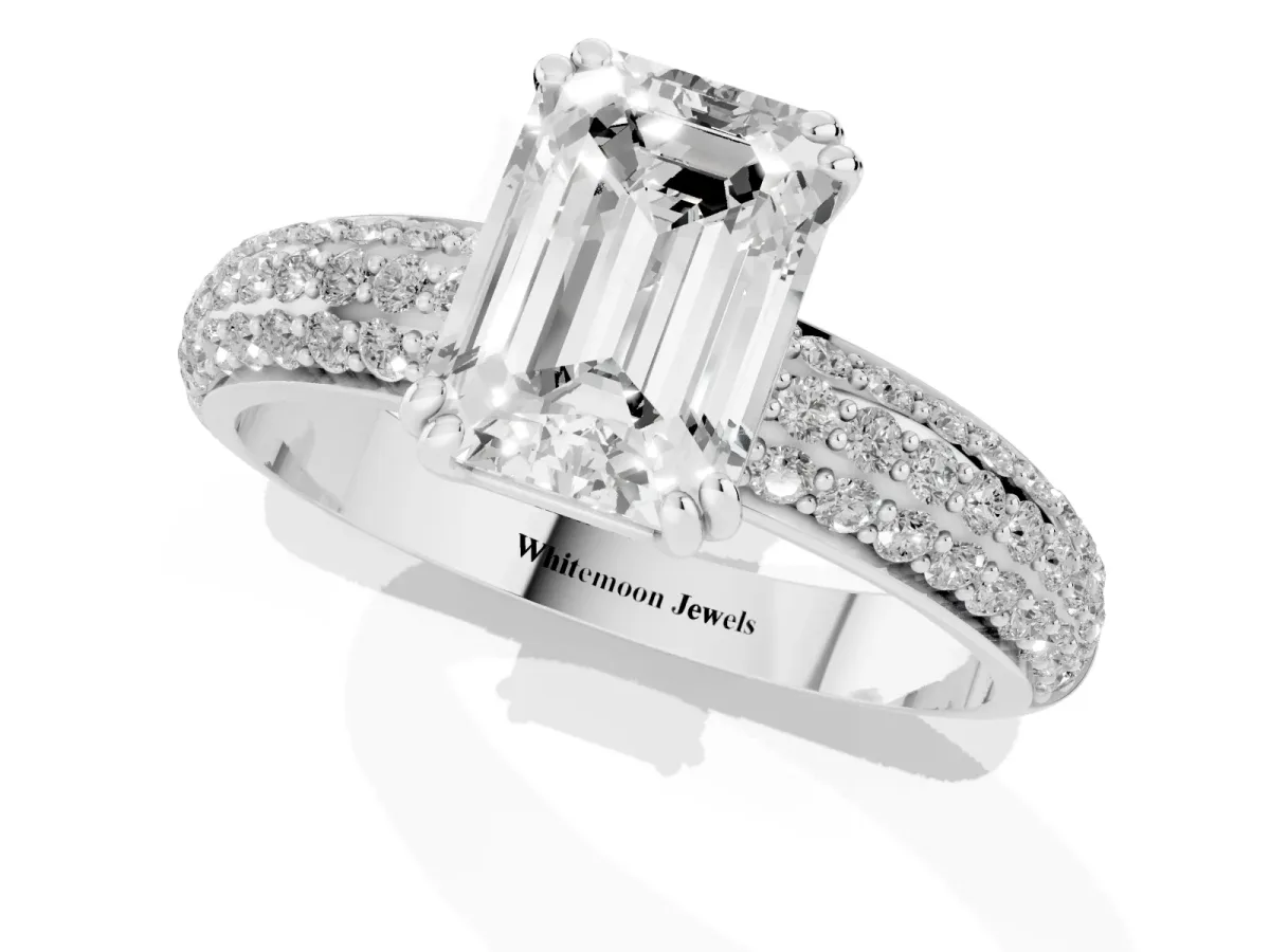 Emerald Cut Diamond Solitaire Ring with Multi-Row Round Pavé Band and Prong Setting Silver