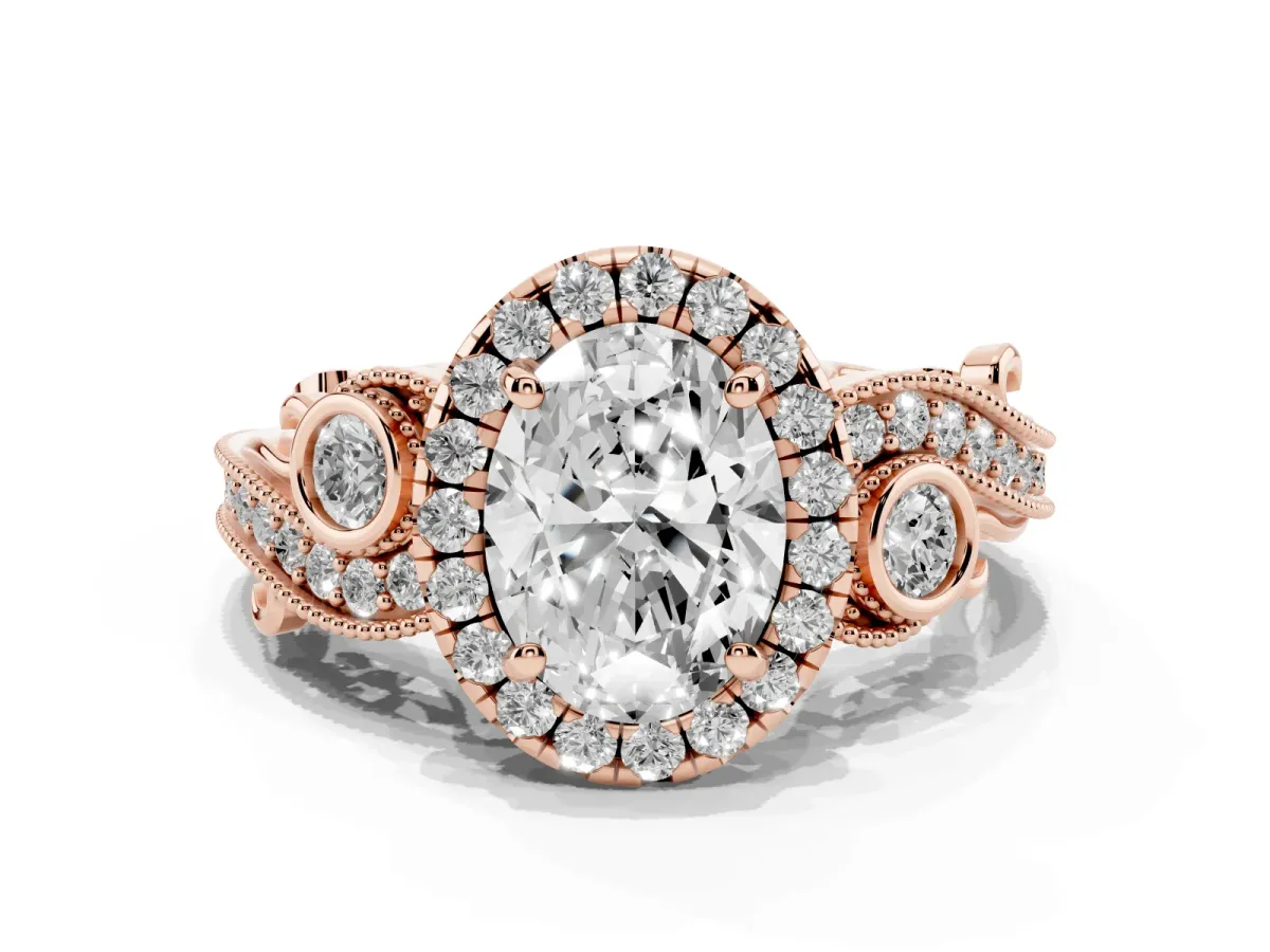 Oval Cut Diamond Halo Ring with Milgrain Pavé Band and Four-Prong Setting Rose gold