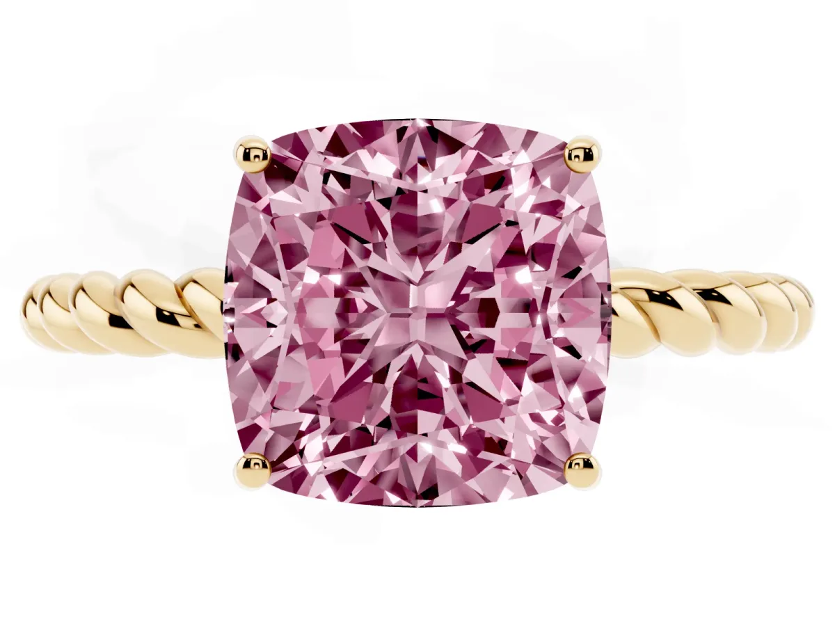 Fancy Pink Cushion Cut Solitaire Twist Band Ring with Four-Prong Setting Yellow gold