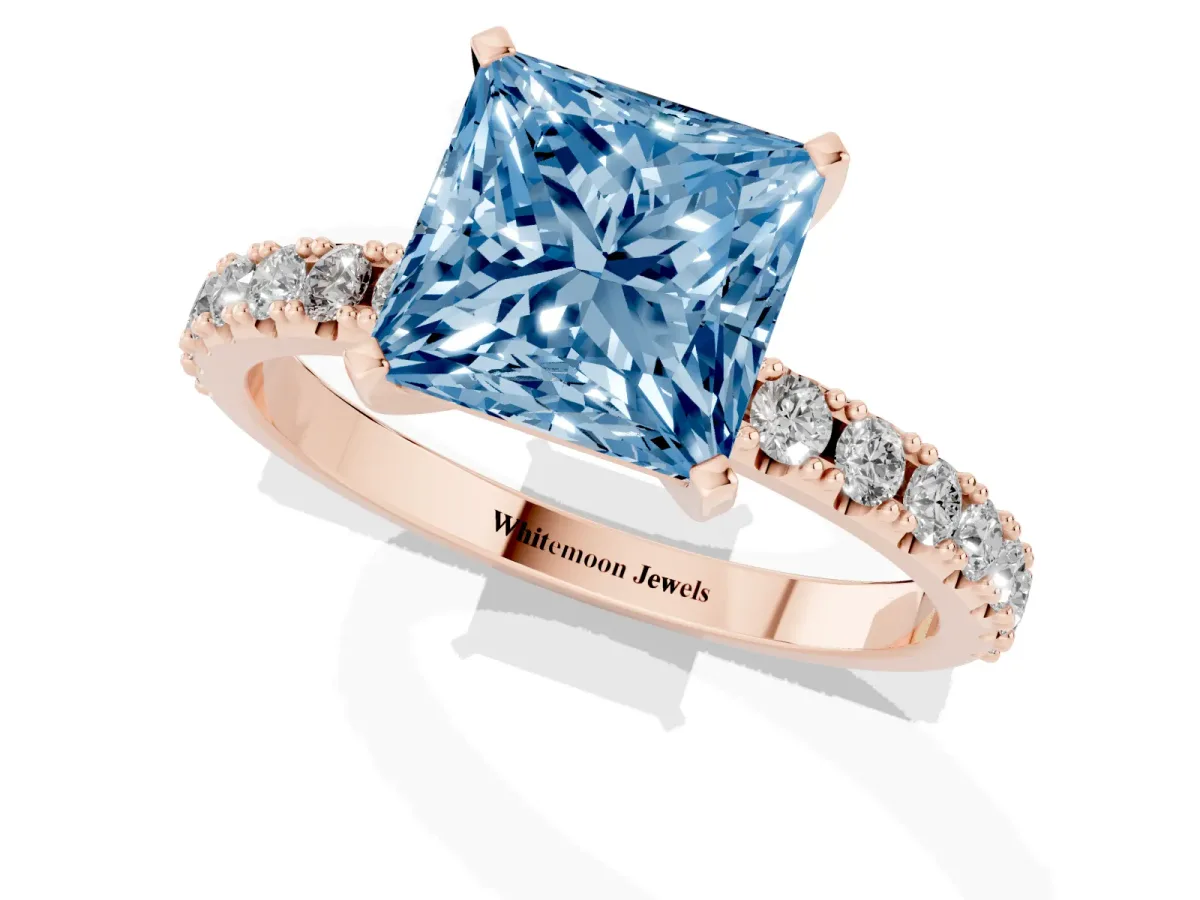Fancy Blue Princess Cut Diamond Solitaire Pavé Band with Four-Prong Setting Rose gold
