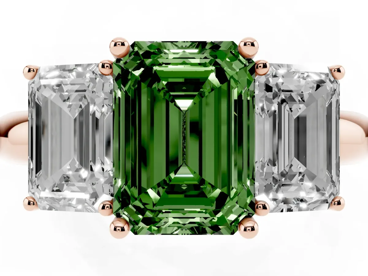 Fancy Green Three-Stone Emerald Cut Cut Diamond Engagement Ring with Prong Setting on a White Gold Band Rose gold
