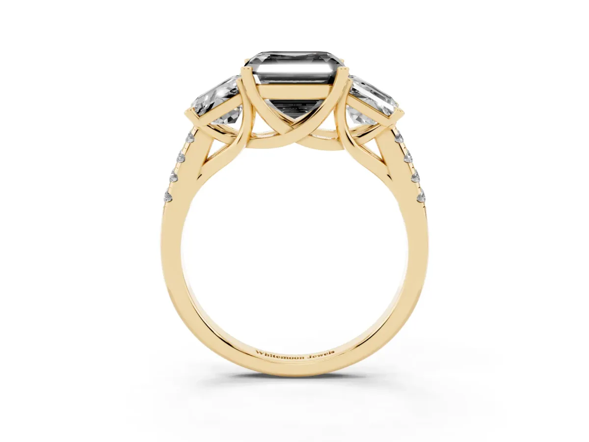 Fancy Black Three-Stone Asscher Cut Diamond Ring with Round Pavé Band and Prong Setting Yellow gold
