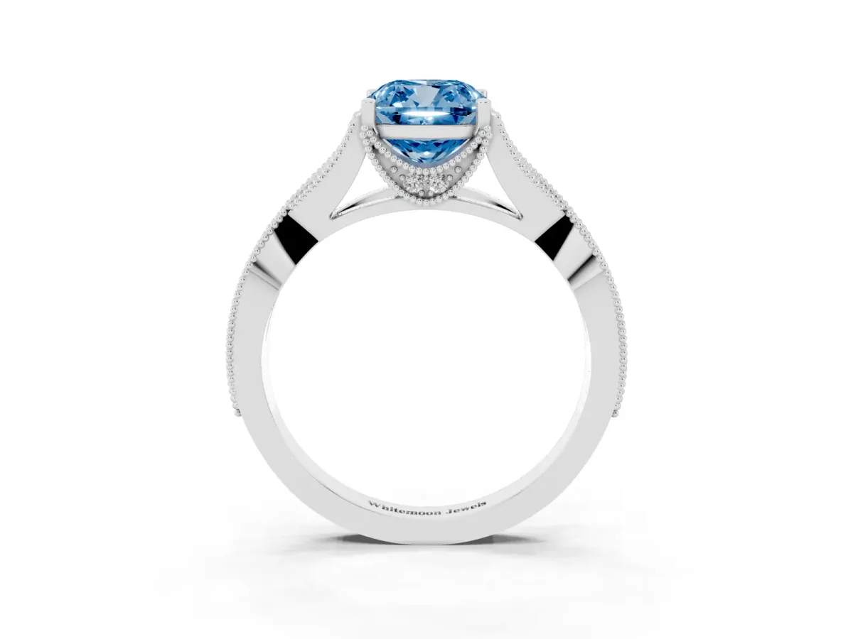 Fancy Blue Cushion Cut Cut Diamond Twisted Band with Milgrain Pave Setting and Four-Prong Setting Silver