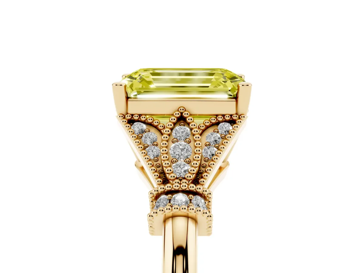 Fancy Yellow Emerald Cut Diamond Solitaire Ring with Floral Filigree and Pave Accents Yellow gold