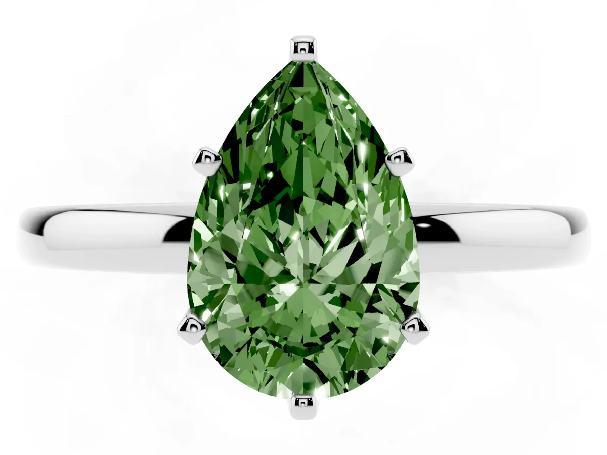 Fancy Green Pear Cut Solitaire Diamond Ring with Six-Prong Setting on a Classic Band Silver