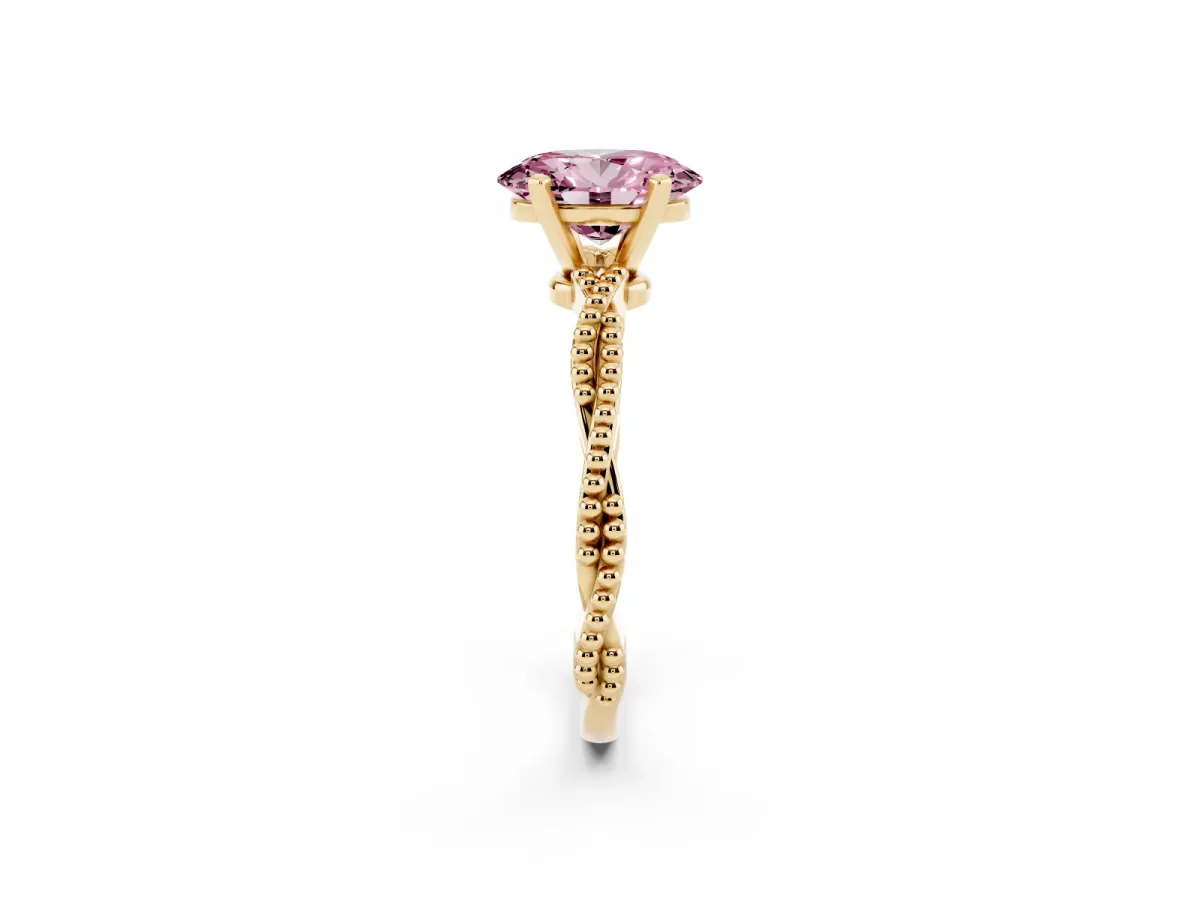 Fancy Pink Oval Cut Solitaire Twisted Band with Bead Prong Setting Yellow gold
