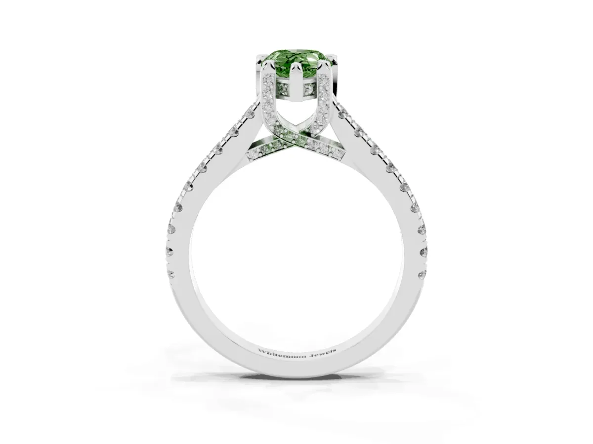 Fancy Green Pear Cut Brilliant Diamond Solitaire with Pavé Band and Four-Prong Setting Silver