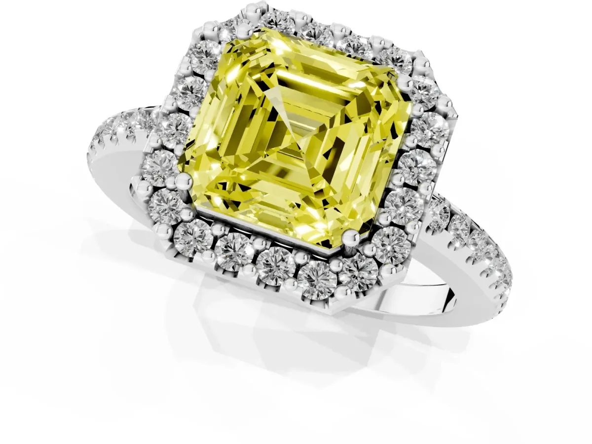 Fancy Yellow Asscher Cut Diamond Pavé Halo Ring with Four-Prong Setting Silver