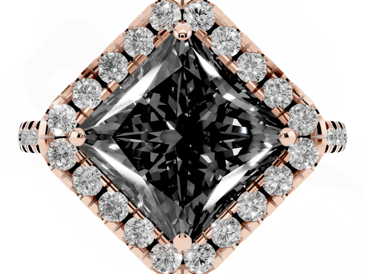 Fancy Black Princess Cut Diamond Cushion Halo Ring with Pavé Band Rose gold