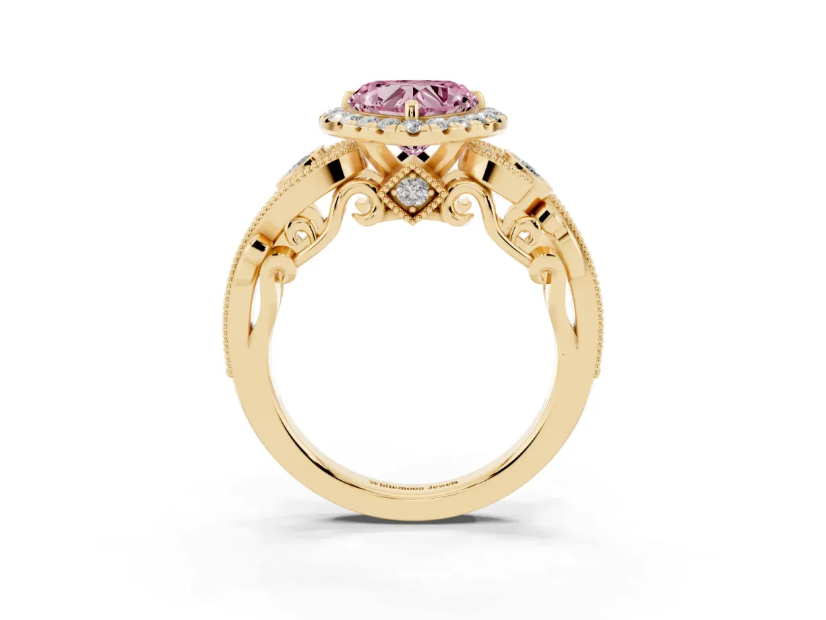 Fancy Pink Heart Cut Halo Diamond Ring with Milgrain and Bezel Accents on a Split Shank Band Yellow gold