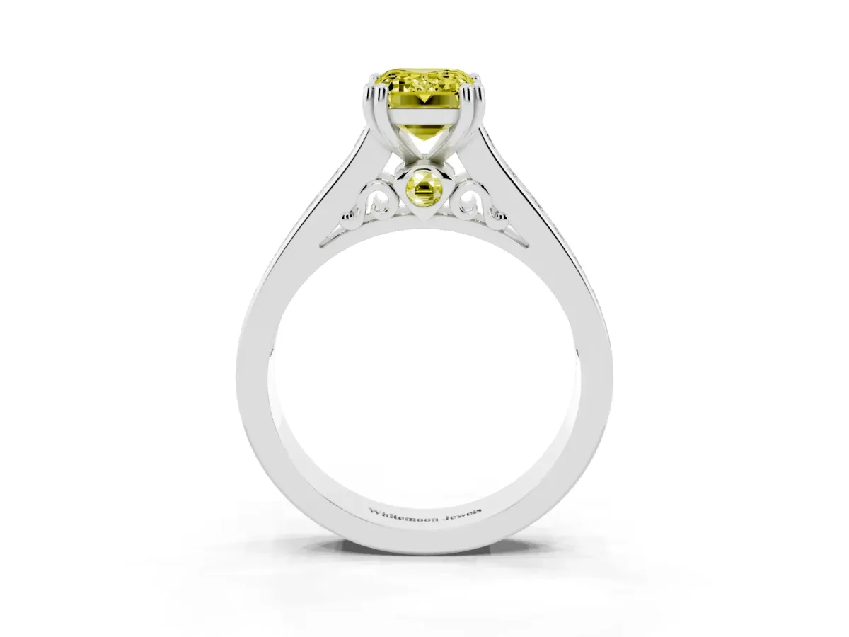 Fancy Yellow Emerald Cut Cut Channel Set Solitaire Engagement Ring with Prong Setting Silver