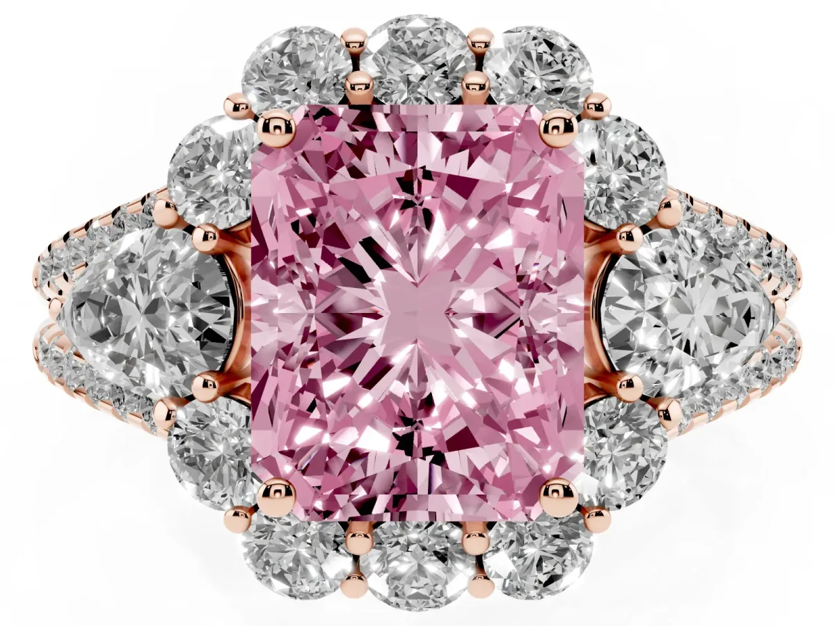 Fancy Pink Radiant Cut Halo Split Shank Diamond Engagement Ring with Prong Setting Rose gold