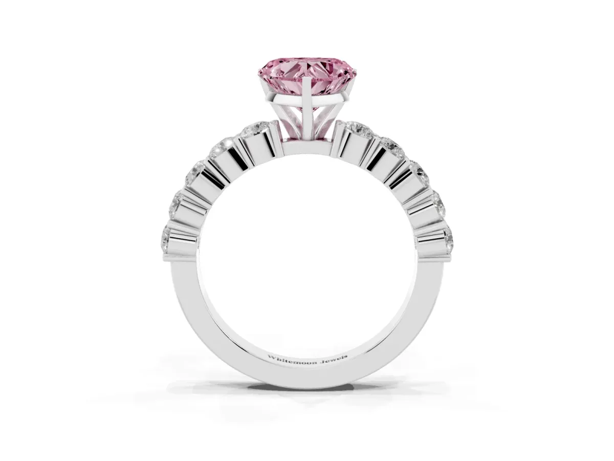 Fancy Pink Heart Cut Diamond Solitaire Ring with Shared Prong Round Side Stones Silver