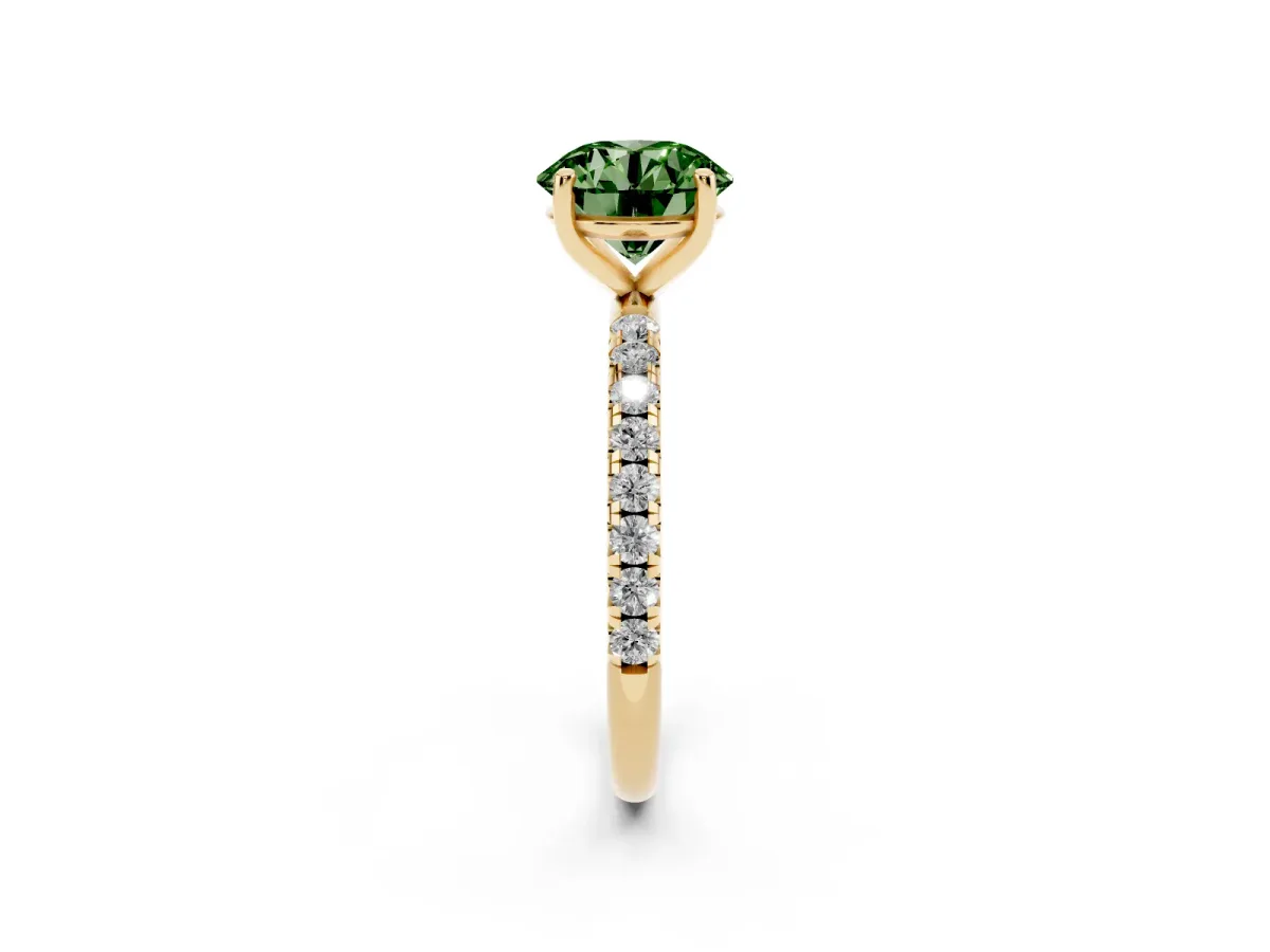 Fancy Green Round Cut Cut Diamond Solitaire Ring with Micro Pave Band and Four Prong Setting Yellow gold