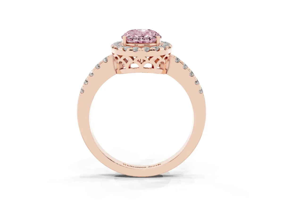 Fancy Pink Oval Cut Halo Diamond Engagement Ring with Pavé Band and Four-Prong Setting Rose gold