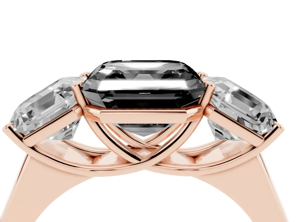 Fancy Black Asscher Cut Three-Stone Diamond Ring with Prong Setting on a Classic Band Rose gold
