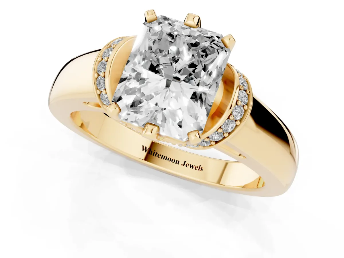 Radiant Cut Solitaire Diamond Ring with Pave Band and Six-Prong Setting Yellow gold