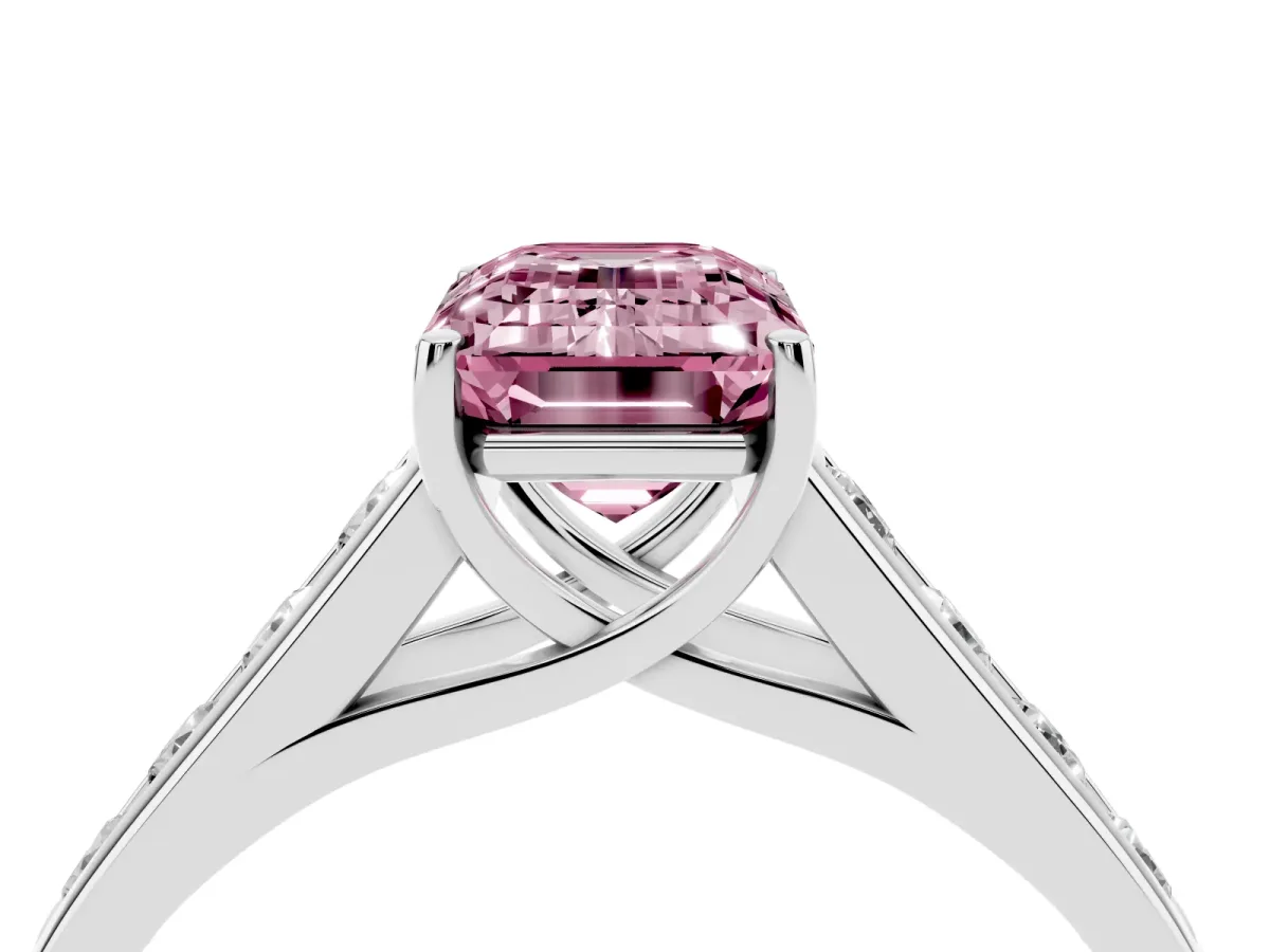 Fancy Pink Emerald Cut Solitaire Channel-Set Diamond Engagement Ring with Four-Prong Setting Platinum